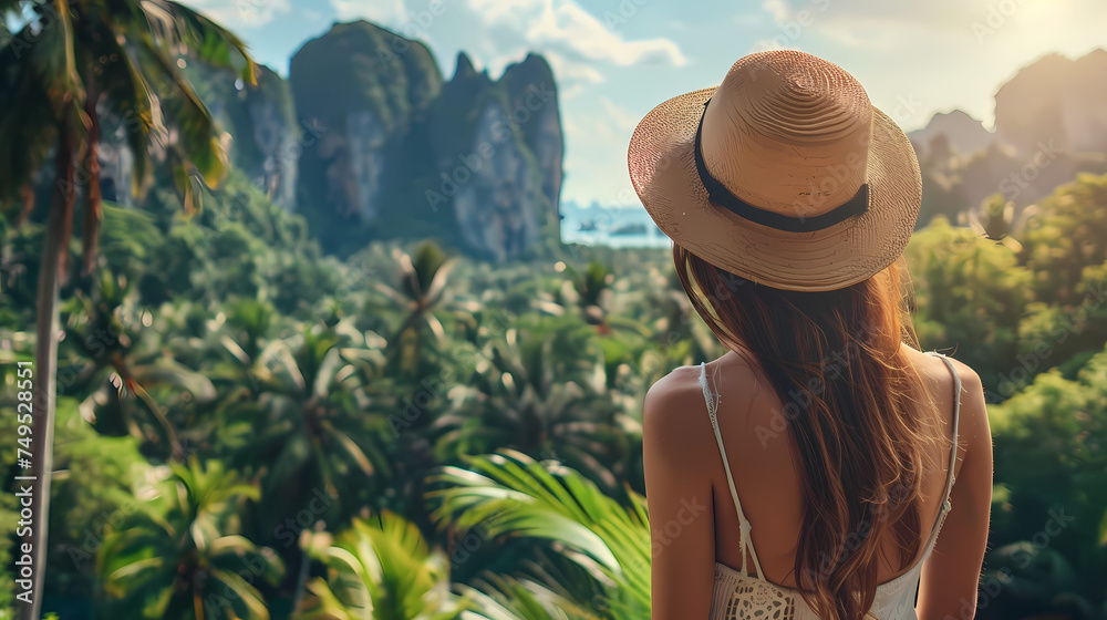 Woman Viewing Tranquil Afternoon Amidst Tropical Mountains