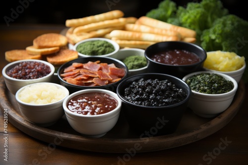 Assorted breakfast condiments and bread on a wooden round tray