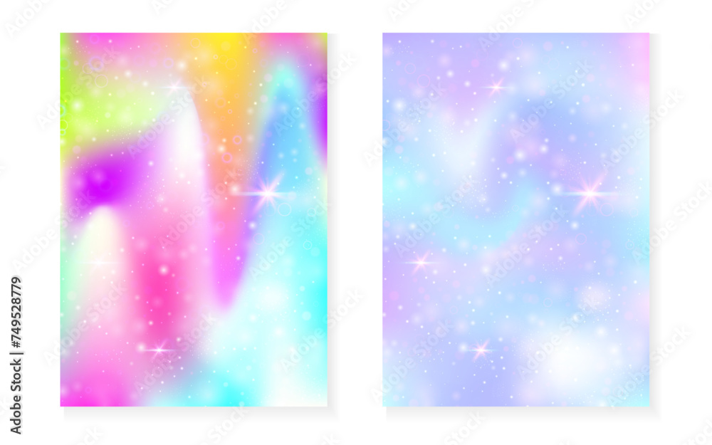 Kawaii background with rainbow princess gradient. Magic unicorn hologram. Holographic fairy set. Vibrant fantasy cover. Kawaii background with sparkles and stars for cute girl party invitation. Kawaii background with rainbow princess gradient. Magic unicorn hologram. Holographic fairy set. Vibrant fantasy cover. Kawaii background with sparkles and stars for cute girl party invitation.