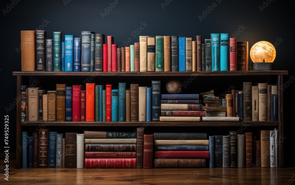 A rustic wooden shelf holds an intriguing collection of books and globes against a dark wall - obrazy, fototapety, plakaty 