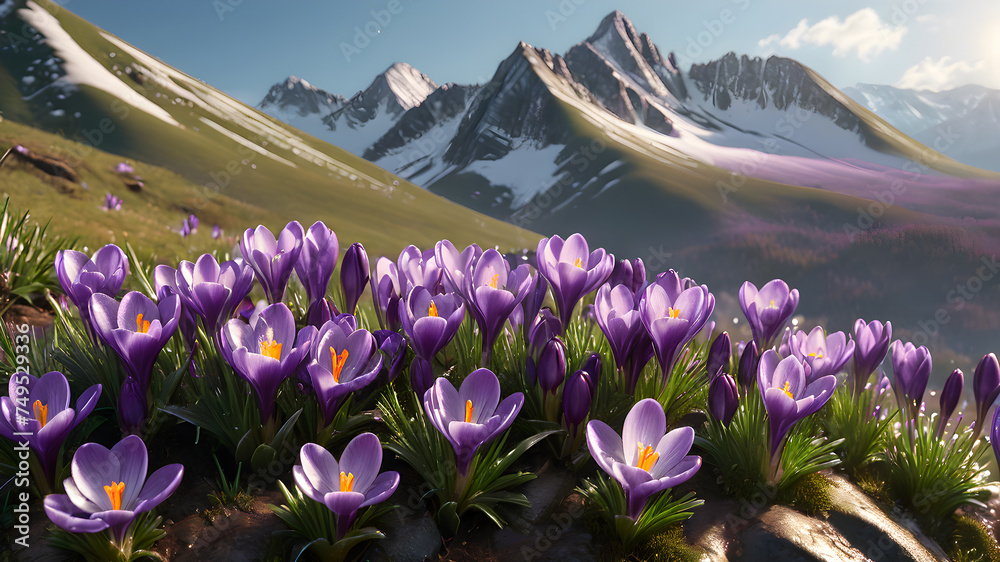 purple crocuses grow on the hills against the backdrop of the mountains. first spring flowers.