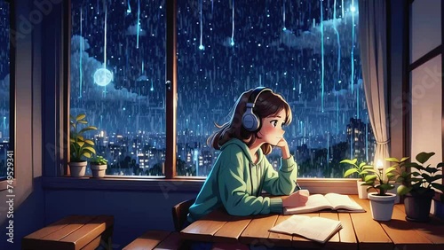 A girl studying in the cafe, Rain Lofi Loop video