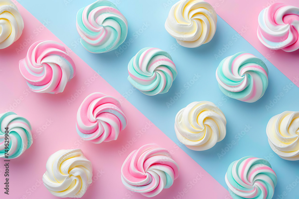 Close Up of Different Colored Candies on Pink and Blue Background Close Up of Different Colored Candies on Pink and Blue Background