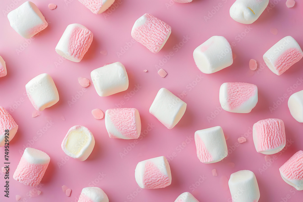 Pink and White Marshmallows on Pink Background
