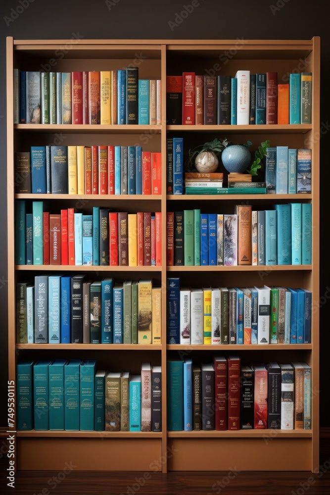 Neat rows of books in shades of blue, beige, and red fill a modern, light wood bookshelf Neat rows of books in shades of blue, beige, and red fill a modern, light wood bookshelf