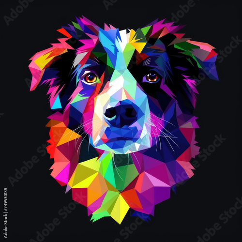 Portrait rainbow shepherd black background, polygon design for printing on a T-shirt, mug, notebook