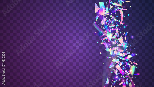 Iridescent Glitter. Laser Texture. Falling Banner. Pink Happy Burst. Transparent Paper. Glare Birthday Cristals. Unicorn Confetti. Modern Design. Purple Iridescent Glitter