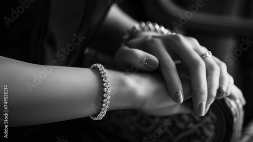 black and white image of a woman's hand with diamond-studded bracelet