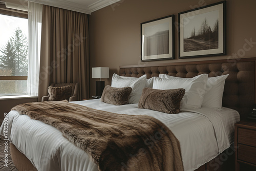 Cozy bedroom or hotel room in beige and brown colors