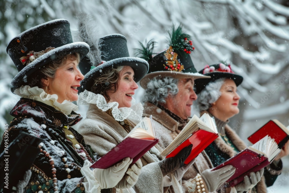 Christmas carollers in victorian outfits in winter time. 