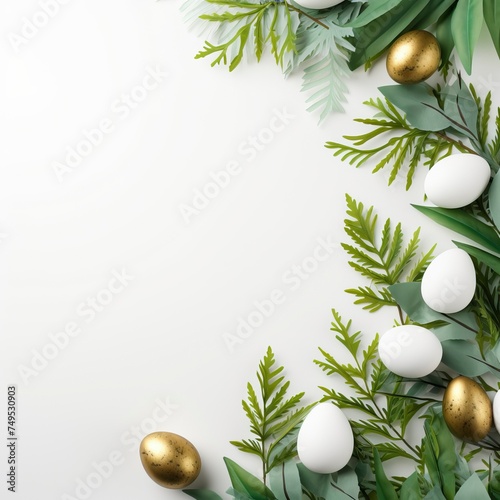 Happy Easter banner. Decorated festive eggs and green plants on white background with copy space