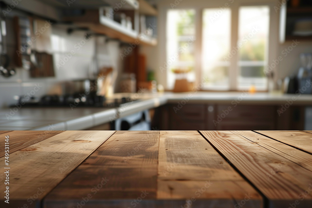 The empty wooden table top with a blurred background of a kitchen