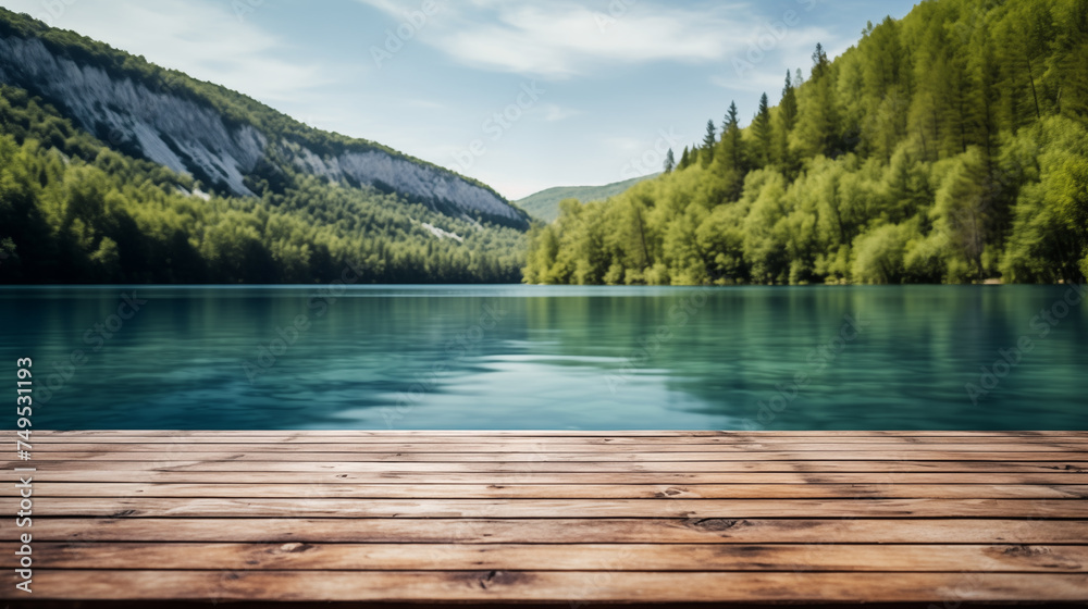 The empty wooden jetty in the foreground with a blurred background of Plitvice lakes