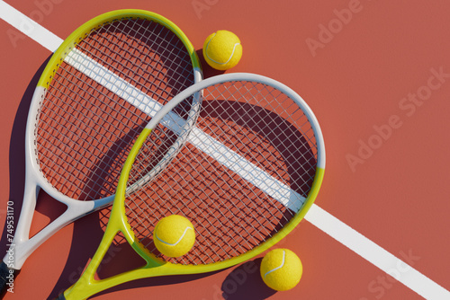 Two tennis rackets and balls on the court. Top view 3D rendering