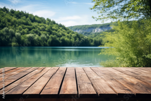 The empty wooden jetty in the foreground with a blurred background of Plitvice lakes