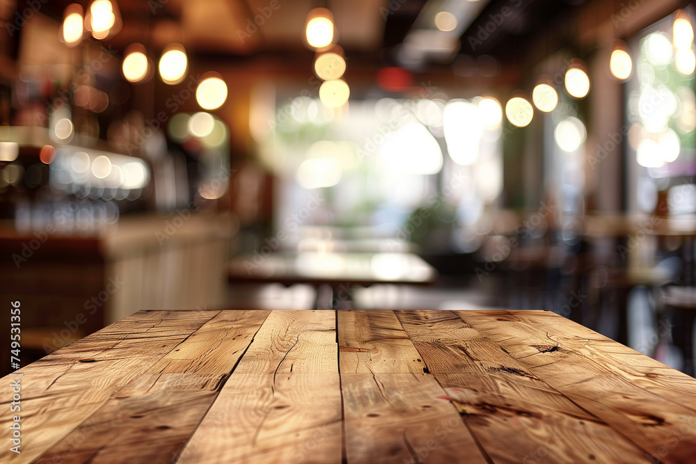 The empty wooden table top with a blurred background of a restaurant or cafe with bokeh The empty wooden table top with a blurred background of a restaurant or cafe with bokeh