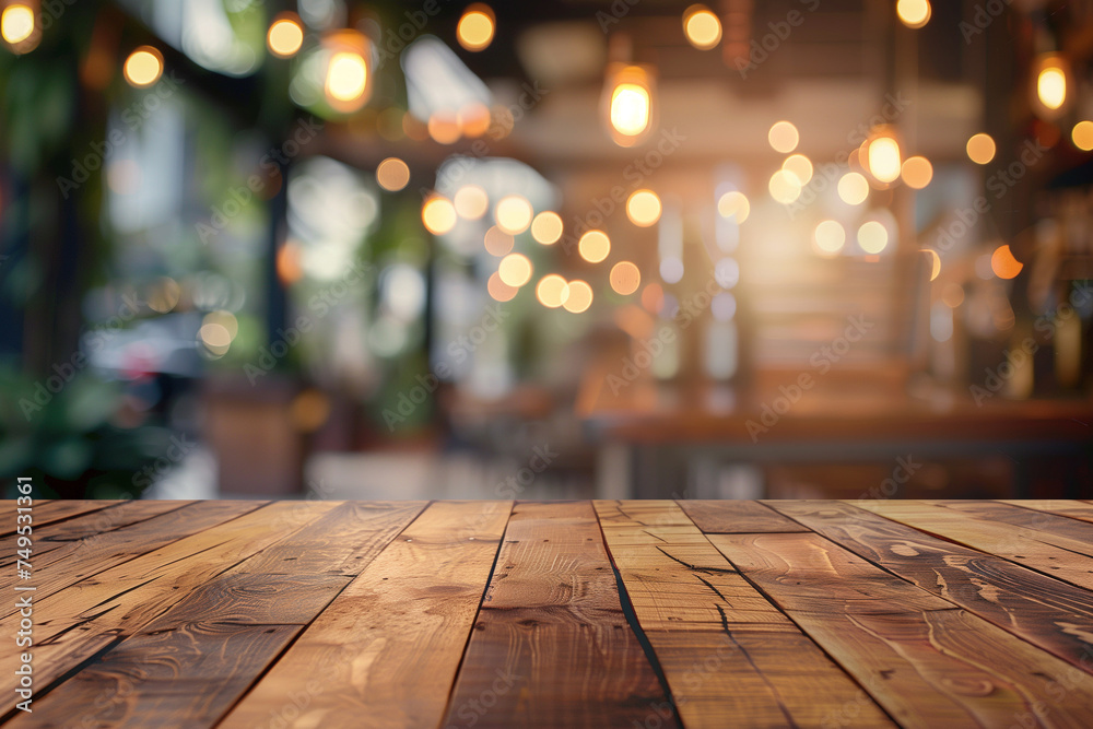 The empty wooden table top with a blurred background of a restaurant or cafe with bokeh