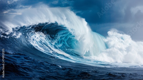 Majestic ocean wave towering dramatically under a stunningly clear and bright blue sky
