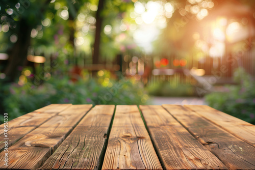 The empty wooden table top with a blurred background of a summer backyard