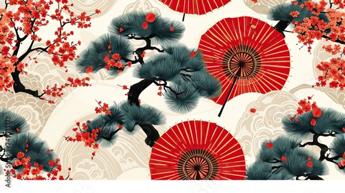 Oriental seamless pattern with japanese umbrellas and bonsai. Asian print, Chinese motifs, beautiful background