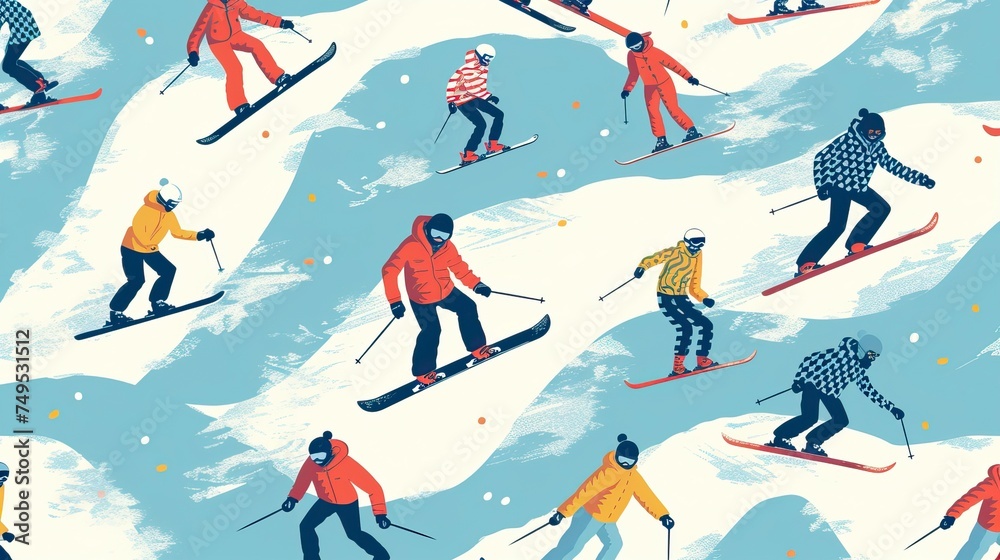 Snowboarders and skiers ride in the ski resort pattern Background Snowboarders and skiers ride in the ski resort pattern Background