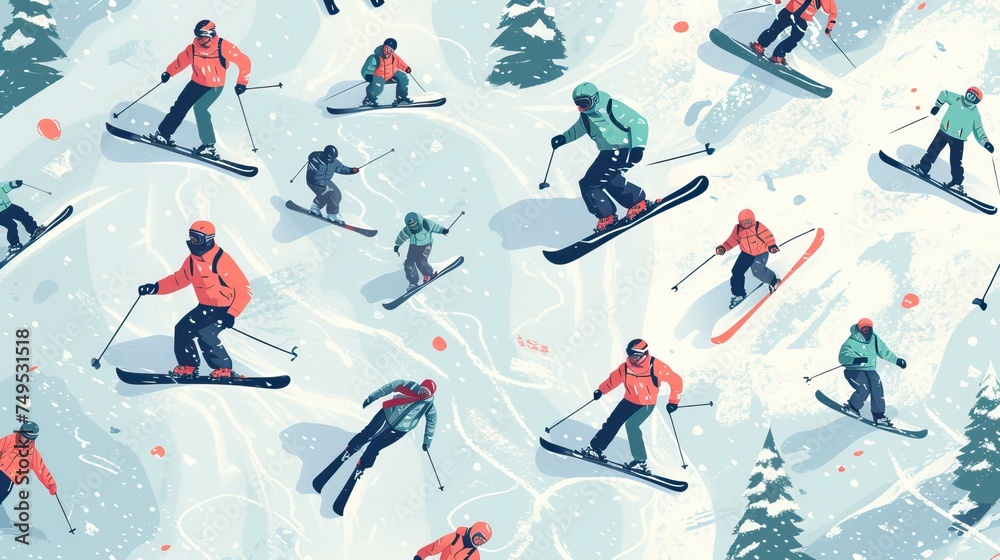 Snowboarders and skiers ride in the ski resort pattern Background Snowboarders and skiers ride in the ski resort pattern Background
