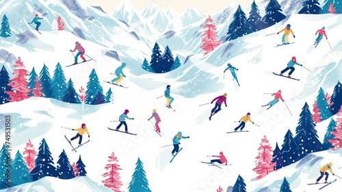 Snowboarders and skiers ride in the ski resort pattern Background