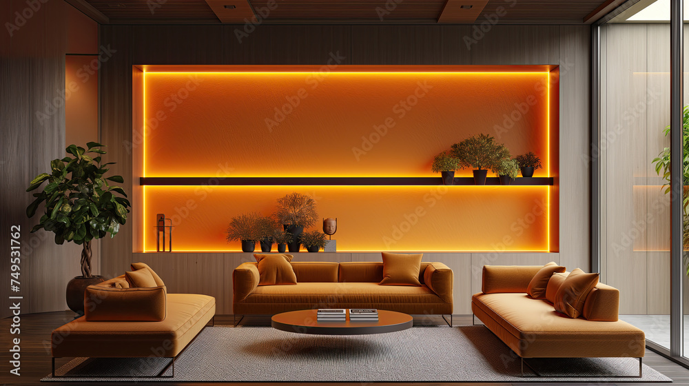The overall view of a modern and minimalistic comfort interior of a living room with cozy nook The overall view of a modern and minimalistic comfort interior of a living room with cozy nook
