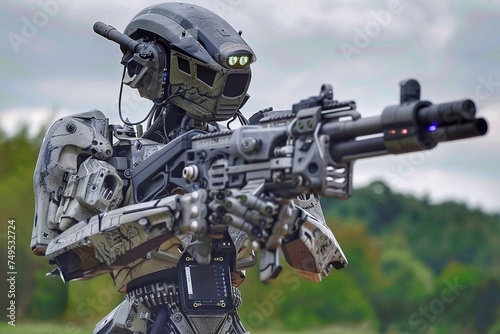 Close-up of a military robot with a mechanical machine gun in his hands in action outdoors.