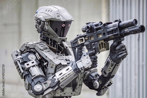 Robot soldier with rifle. Close-up of a humanoid robot with a machine gun.