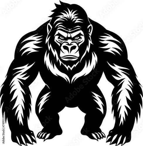 Powerful Gorilla Silhouette Vector Illustration  Jungle King Ape in Isolated Background  Wild Primate Graphic Design for Safari  Wildlife Art  and Nature Themes  Monochrome Monkey Symbol