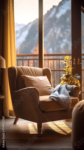 Cozy living room with snowy mountain view
