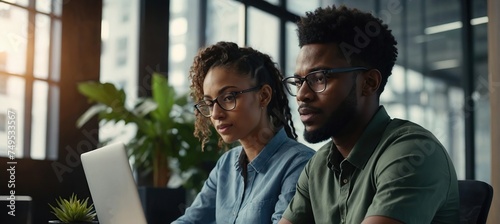 Two Creative Colleagues Using Laptop to Discuss Work Project at Office, Young Black Technical Support Specialist Helping Female Customer Relationship Coordinator. Teamwork Concept