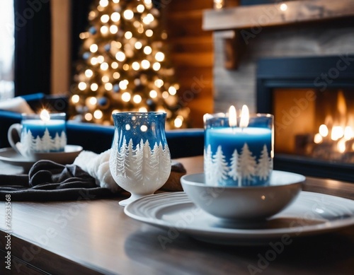 Christmas-themed living room with candles and fireplace
