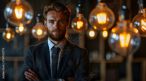 A man surrounded by glowing lightbulbs in a suit. Concept Lightbulb Inspiration, Professional Photoshoot, Creative Portrait Ideas, Businessman Concept