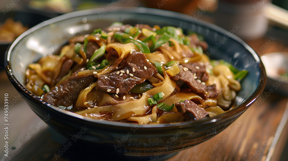 Savory beef stir-fry noodles in bowl