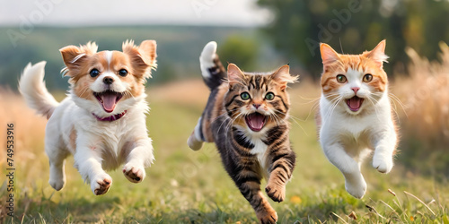 Cute funny dog and cat group jumps and running and happily a field blurred background