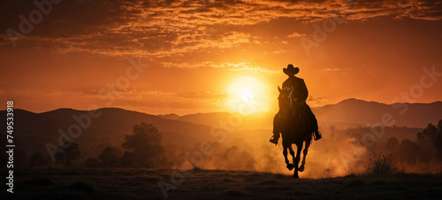 A lone cowboy and his trusty steed, silhouetted against the fiery orange hues of a desert sunset. photo