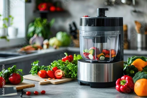 Juicer with assorted vegetables on a modern kitchen - An electric juicer is surrounded by an assortment of fresh vegetables ready to be juiced in a modern, stainless steel kitchen environment for a nu photo