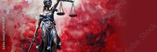 Lady Justice in red artistic interpretation - Lady Justice is portrayed in an artistic rendition against a red, chaotic background, invoking a sense of urgency and action