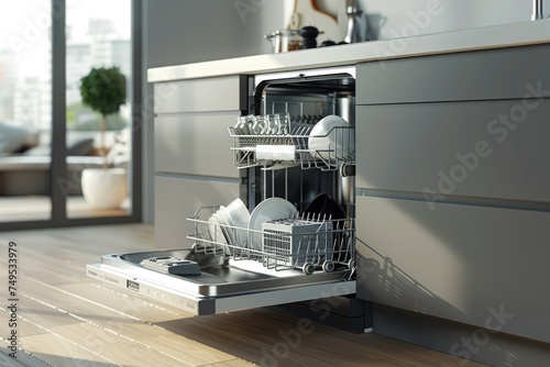 Modern dishwasher loaded with clean dishes - An open dishwasher with clean dishes, showcasing plates and silverware neatly arranged inside