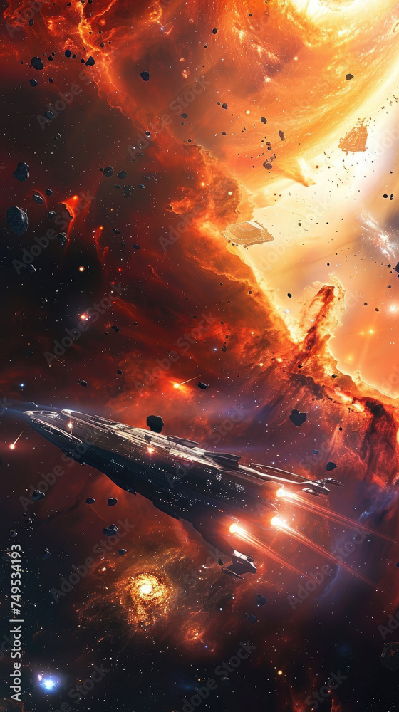 Spaceship approaching a fiery nebula in space - A detailed spaceship flies towards a dramatic, fiery nebula, capturing the wonder of space exploration and adventure