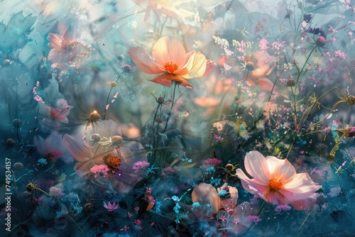Soft flowers amidst watery paint strokes - An artful blend of delicate flowers emerging through watery paint strokes creates a serene underwater fantasy