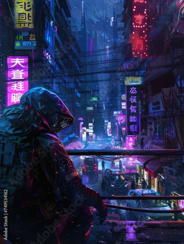 Solitary figure in a cyberpunk cityscape at night - In a dark, neon-soaked cityscape, a solitary figure sits, immersed in thought amidst flashy signs and future tech