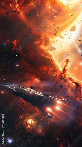 Spaceship approaching a fiery nebula in space - A detailed spaceship flies towards a dramatic, fiery nebula, capturing the wonder of space exploration and adventure