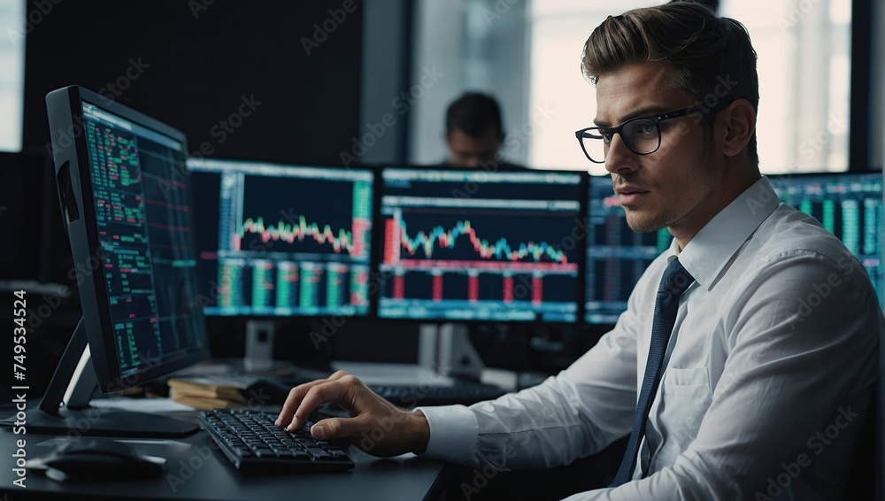 Young Handsome Stock Exchange Broker Working on Computer, Researching Real-Time Stocks Data, Analyzing Commodities and Exchange Market Charts. Professional Investment Agent in Office Young Handsome Stock Exchange Broker Working on Computer, Researching Real-Time Stocks Data, Analyzing Commodities and Exchange Market Charts. Professional Investment Agent in Office