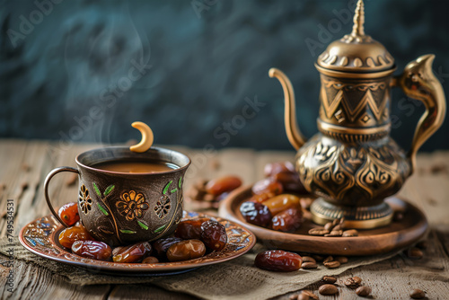 Arabic coffee and dates, Dallah with crescent moon, Ramadan background 