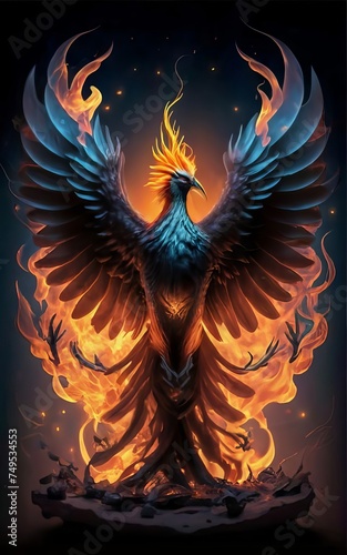 Illustration of a flaming phoenix bird on a dark background. photo