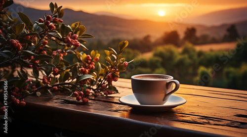 Cup of tea on wooden table with a beautiful sunset view in background