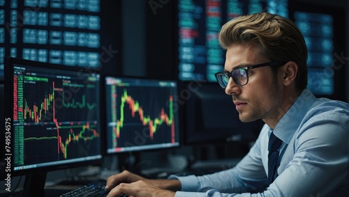 Young Handsome Stock Exchange Broker Working on Computer, Researching Real-Time Stocks Data, Analyzing Commodities and Exchange Market Charts. Professional Investment Agent in Office © Tehmas